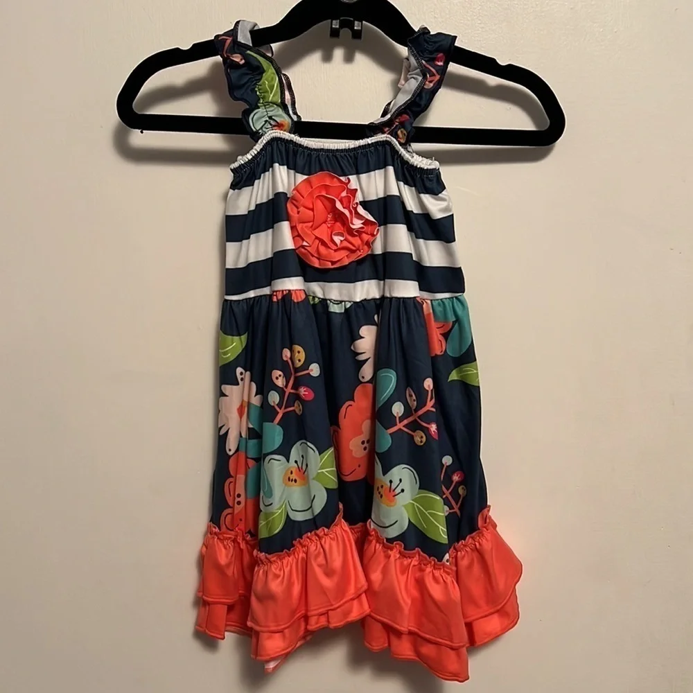 Navy & Coral Print Top With Rosette Detail And Ruffle Shorts - Picture 4 of 13